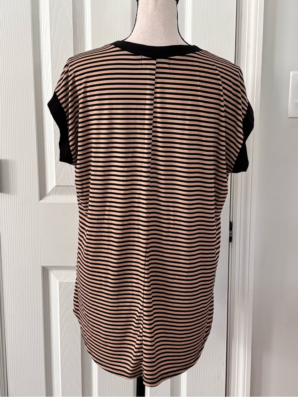 Striped V-Neck Short Sleeve Blouse in Tan and Black - Picture 3 of 8